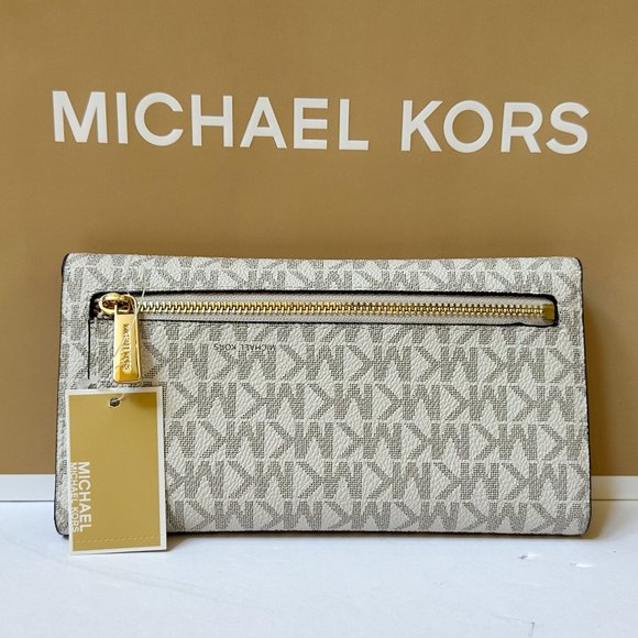 Michael Kors Jet Set Travel Large Trifold Wallet MK Signature Vanilla Brown - Picture 2 of 10